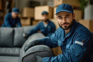 Three movers in blue uniforms transport a heavy sofa while surrounded by cardboard boxes indoors.