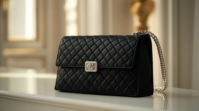 A sleek, black quilted handbag, adorned with a distinctive metallic emblem and a delicate chain strap, rested majestically on a pristine, light background, exuding an aura of sophistication and