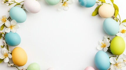 Fototapeta premium Pastel Easter Eggs and White Blossoms Frame on White Background