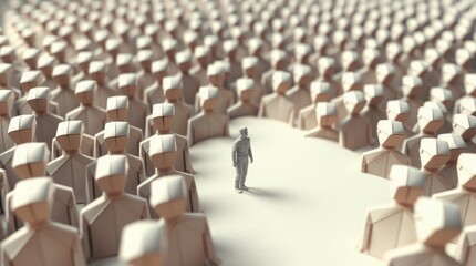 Obraz premium Out of the crowd, one individual stands alone amidst a sea of identical figures, making a powerful statement.