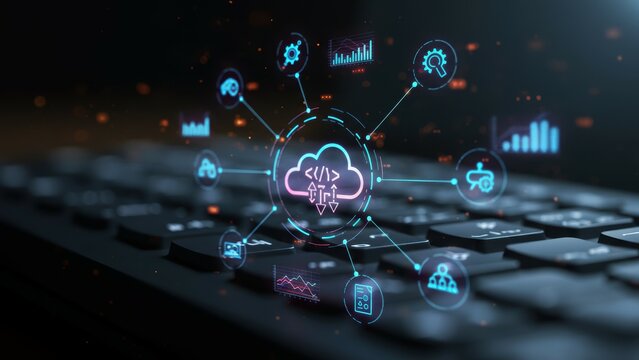 Cloud computing icons on computer keyboard represent data analysis and technology trends in virtual environments emphasizing innovation
