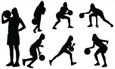  black female silhouettes of basketball players in a ball game.