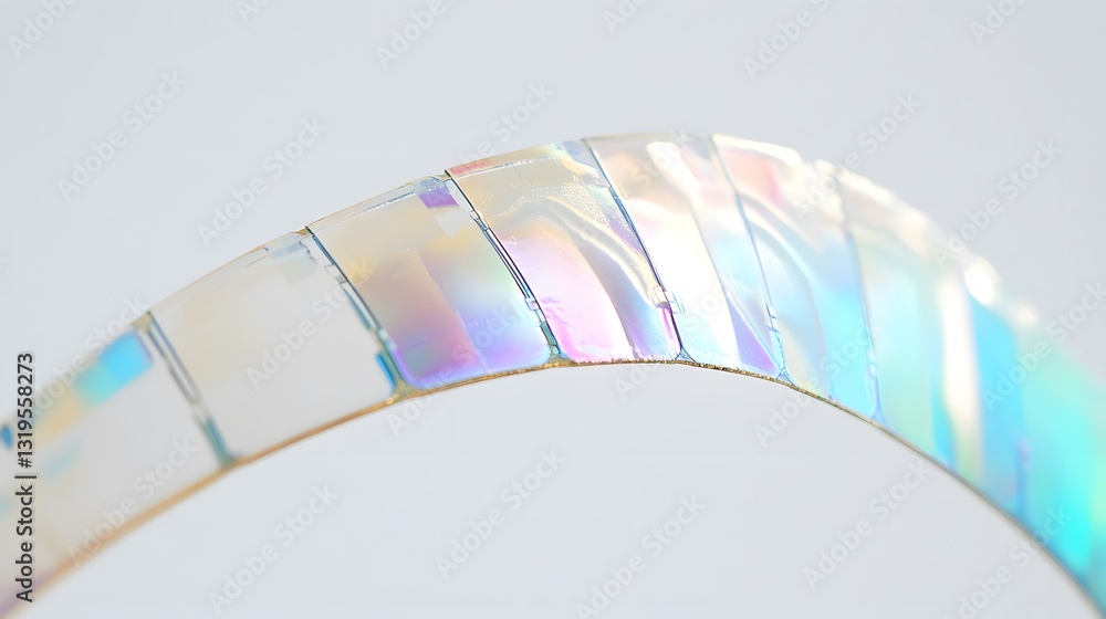 Poster a curved shimmering structure with iridescent rectangular segments is shown