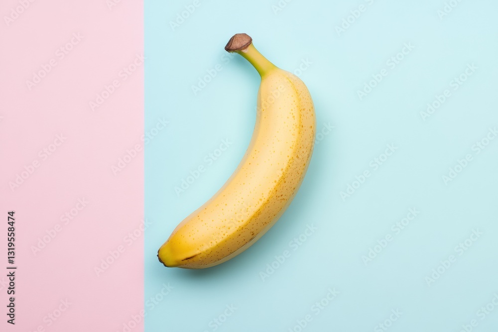 Poster single banana placed centrally on a pastel blue and pink background highlighting minimalism and natu