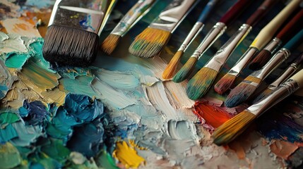 Obraz premium Paintbrushes resting on a vibrant artist's palette covered in various hues of oil paint, showcasing a rich color palette and textured surface