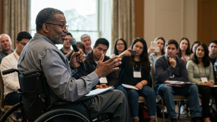 Fototapeta premium African American man in wheelchair speaks at conference to engaged audience in indoor setting Themes include empowerment and accessibility