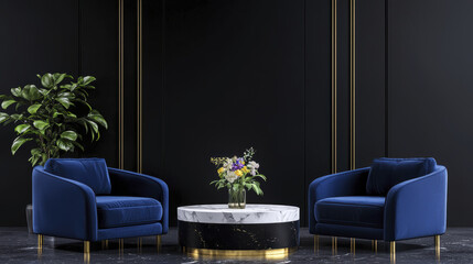 Modern living room with blue chairs, marble table, and decorative plant