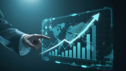 Businessman interacting with digital graph showing growth on a virtual screen Concepts: analytics, technology, finance