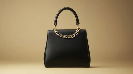 A sleek, black handbag, its golden chain handle glinting in the soft light, sat majestically on a neutral background, exuding an aura of sophistication and elegance.