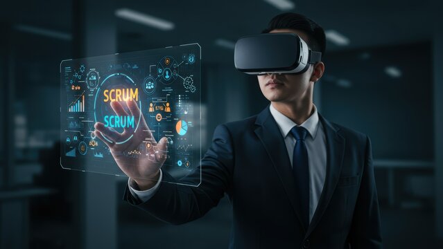 Asian businessman using VR headset in modern office, highlighting technology and innovation in corporate environments