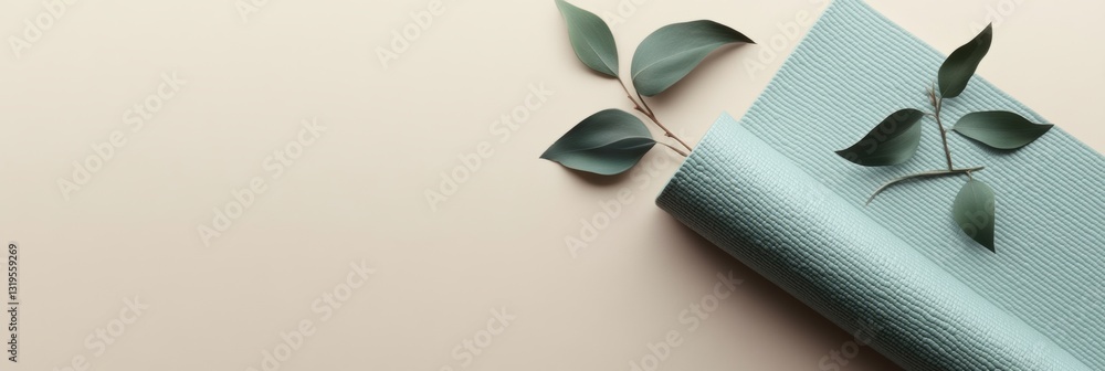Aufkleber minimalistic yoga mat with green leaves on light background designed for a serene and calming practi