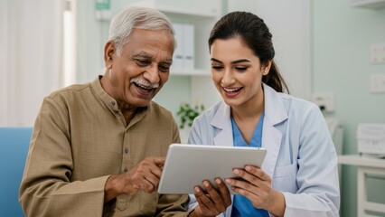 Obraz premium Elderly Indian man and young Indian woman engaged in consultation with tablet device in hospital Concepts include diversity, healthcare