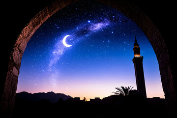 Night scene viewed through an archway showing a crescent moon stars a minaret and a silhouetted landscape