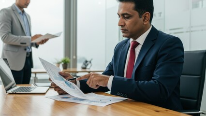 South Asian businessman analyzing reports in office setting, promoting teamwork and productivity