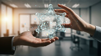 Businessman and businesswoman collaborate in office, showcasing network of digital connections Themes of teamwork and innovation