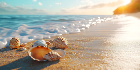Obraz premium Sandy Beach with Gentle Waves and Scattered Seashells for a Relaxing and Serene Coastal View