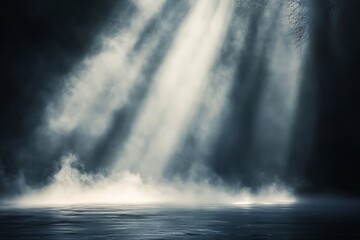 Fototapeta premium Mysterious Dark Space with Soft Light Beams and a Pedestal Display in a Minimalistic Black Environment