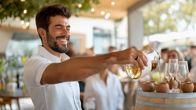 Smiling server pouring wine at outdoor tasting event celebrating wine culture and community spirit