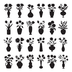  vase silhouette vector illustration. Bundle of silhouette flowers in pots gardening theme set design white background vector illustration