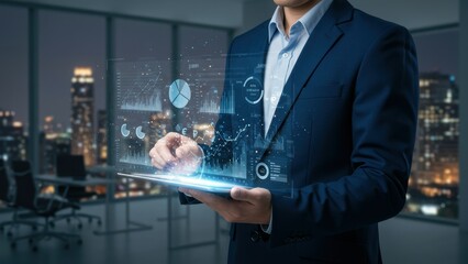 Asian male businessman holding tablet displaying digital data in urban skyline office Themes of technology and innovation