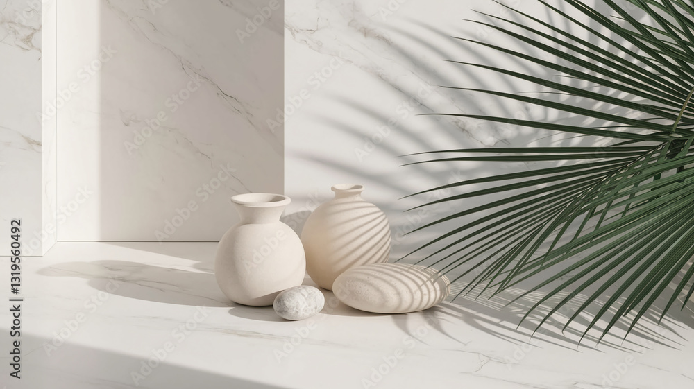Poster off-white vases and stones on a marble surface with palm leaf shadow, creating a minimalist, serene 
