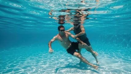 Asian man and Caucasian man swim underwater in a pool during summer Celebrates friendship, youth, and active lifestyle