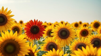 Obraz premium Field of sunflowers with one red sunflower standing out among the yellow flowers in a sunny field