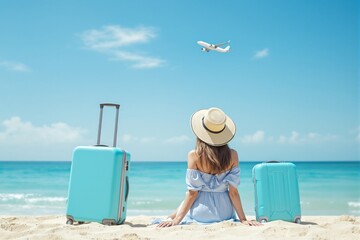Woman in blue dress and straw hat sitting on sandy beach with turquoise suitcases, airplane flying above. Concept of travel and vacation. Ai generative