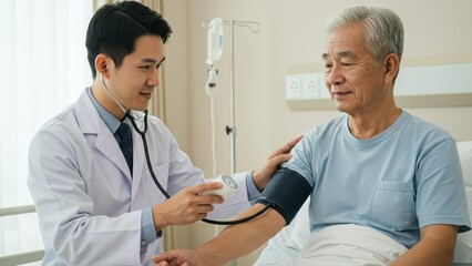 Obraz premium Asian male doctor measures blood pressure of elderly Asian man in hospital setting Highlights healthcare, wellness, and compassion