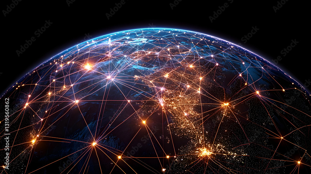 Poster vibrant illuminated interactive digital earth with glowing dots and lines in dark space representing