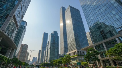Fototapeta premium City skyline featuring modern skyscrapers and green trees under clear skies Represents urban development and sustainability