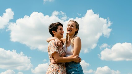 Two young Caucasian women laughing together outdoors under a blue sky filled with clouds, promoting themes of friendship and happiness