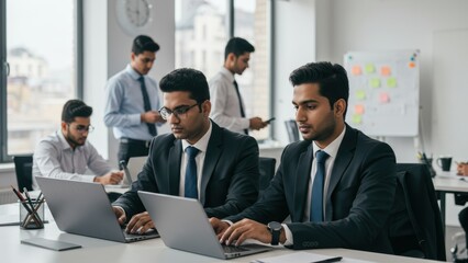South Asian male businessmen working in a modern office with laptops, collaborating in a busy environment focusing on productivity
