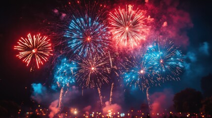 Metallic golden beige brown colored fireworks sparkling explosions over shining midnight blue black colour starry sky