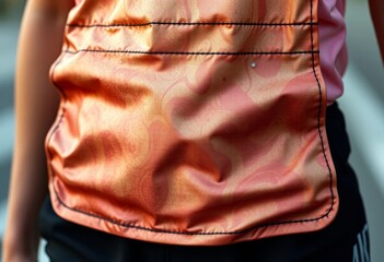 Close-up view of a textured, peach-colored garment with subtle pattern, showcasing the fabric's drape and stitching detail