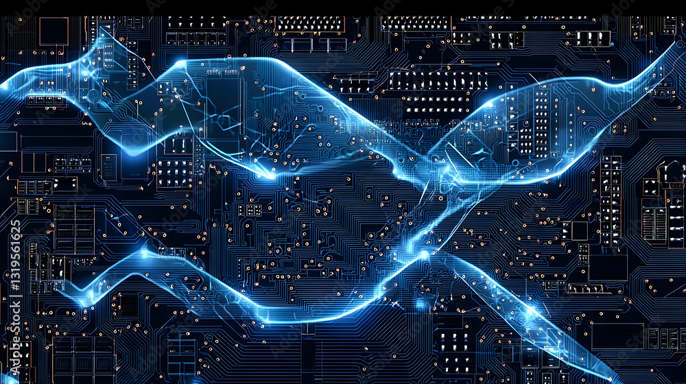 Poster abstract blue circuit board with digital wavy lines and glowing dots representing technological data