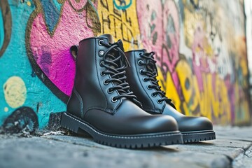 Black Combat Boots on Urban Graffiti Background in City Street