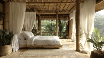 A haven of tranquility, where an elegant bed of bamboo, draped with soft white curtains, offered a sanctuary from the world outside, promising a night of blissful sleep.