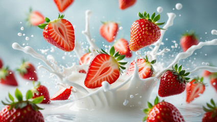 Fresh strawberries create a dynamic splash in creamy milk, showcasing healthy and sweet culinary delight