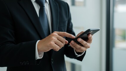 Hispanic businessman using smartphone in modern office environment, focused on digital communication