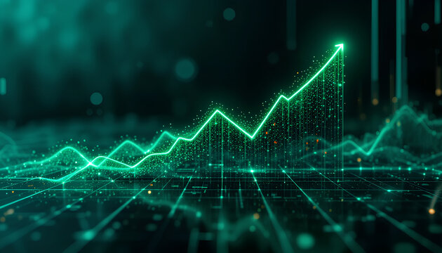rising green line graph showing business growth and financial forecast in digital stock market data visualization