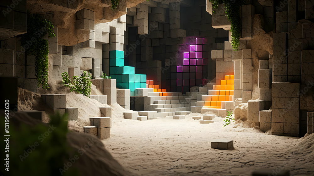 Poster abstract 3d cave interior digital art with cube structures lighting and color gradient