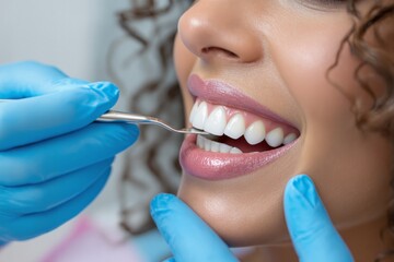 Close-up of a smiling patient during a dental inspection, gloved hands holding a tool, light background. Concept of dental care and hygiene. Ai generative