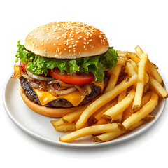 Delicious hamburger with French fries and fresh toppings