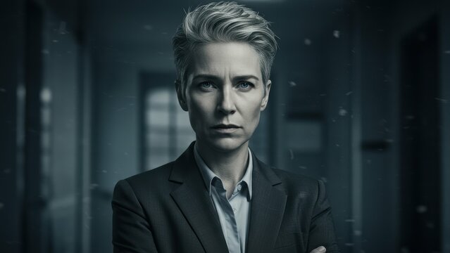 Caucasian female executive, 30s 40s, serious demeanor in modern office environment Themes of leadership and female empowerment