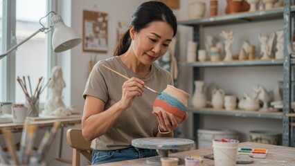 Asian woman painting pottery in a bright studio, expressing creativity through art and craftsmanship