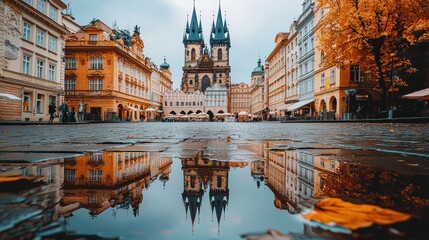 Obraz premium Autumnal Prague square reflected in a puddle