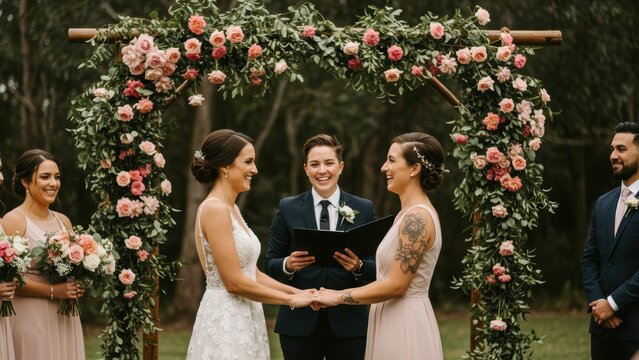 Caucasian brides exchange vows outdoors with same sex wedding officiant under floral arch Represents love, commitment, unity