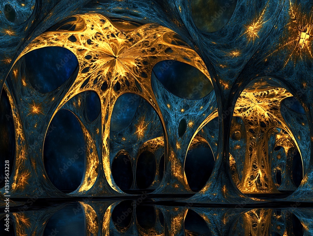 Poster intricate fractal structure with golden highlights and cosmic backdrop