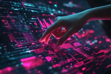 Human hand interacting with a futuristic digital display interface